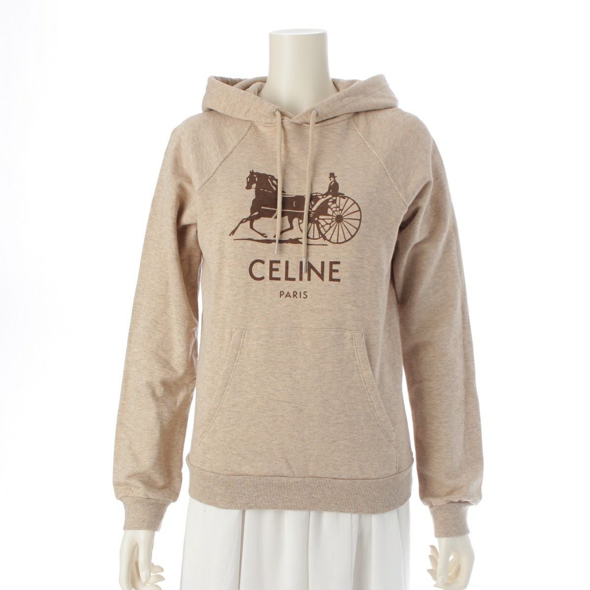 美品　セリーヌ　パーカー　カシミヤ　ロゴプリント　ベージュ　Sサイズ セリーヌ 21AW カシミヤ×コットン ロゴ プリント 馬車 パーカー
