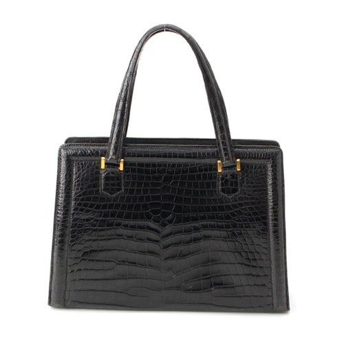 エルメス クロコ ゴールド金具 ロック付き ハンドバッグ ブラック