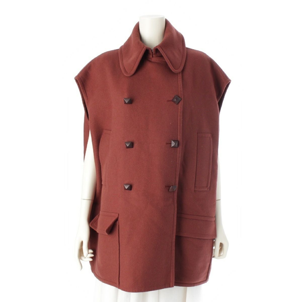 HERMES - エルメス カシミヤ ダブルフェイス メドールボタン ノースリーブ ジャケット ジレ ショートコート アウター ブラウン 34【中古】 エルメス カシミヤ ダブルフェイス メドールボタン ノースリーブ