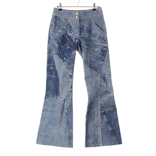 クリスチャンディオール 00SS デニム ガリアーノ期トロンプルイユ 転写 フレア パンツ ブルー