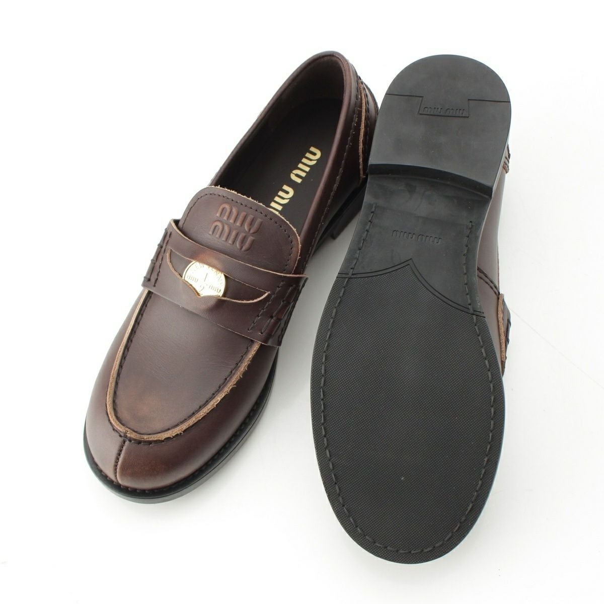ミュウミュウ レザー ヴィンテージ加工 ペニー コイン ローファー