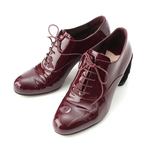 ミュウミュウ パテント ファーヒール レースアップ シューズ ボルドー 35 1/2
