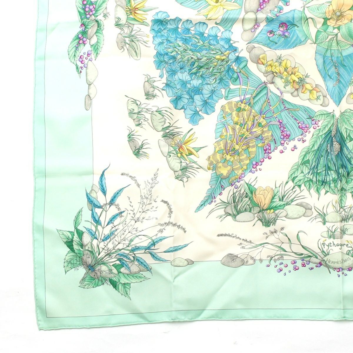 エルメス カレ90 Pythagore ピタゴラス シルク 花柄 スカーフ ミント