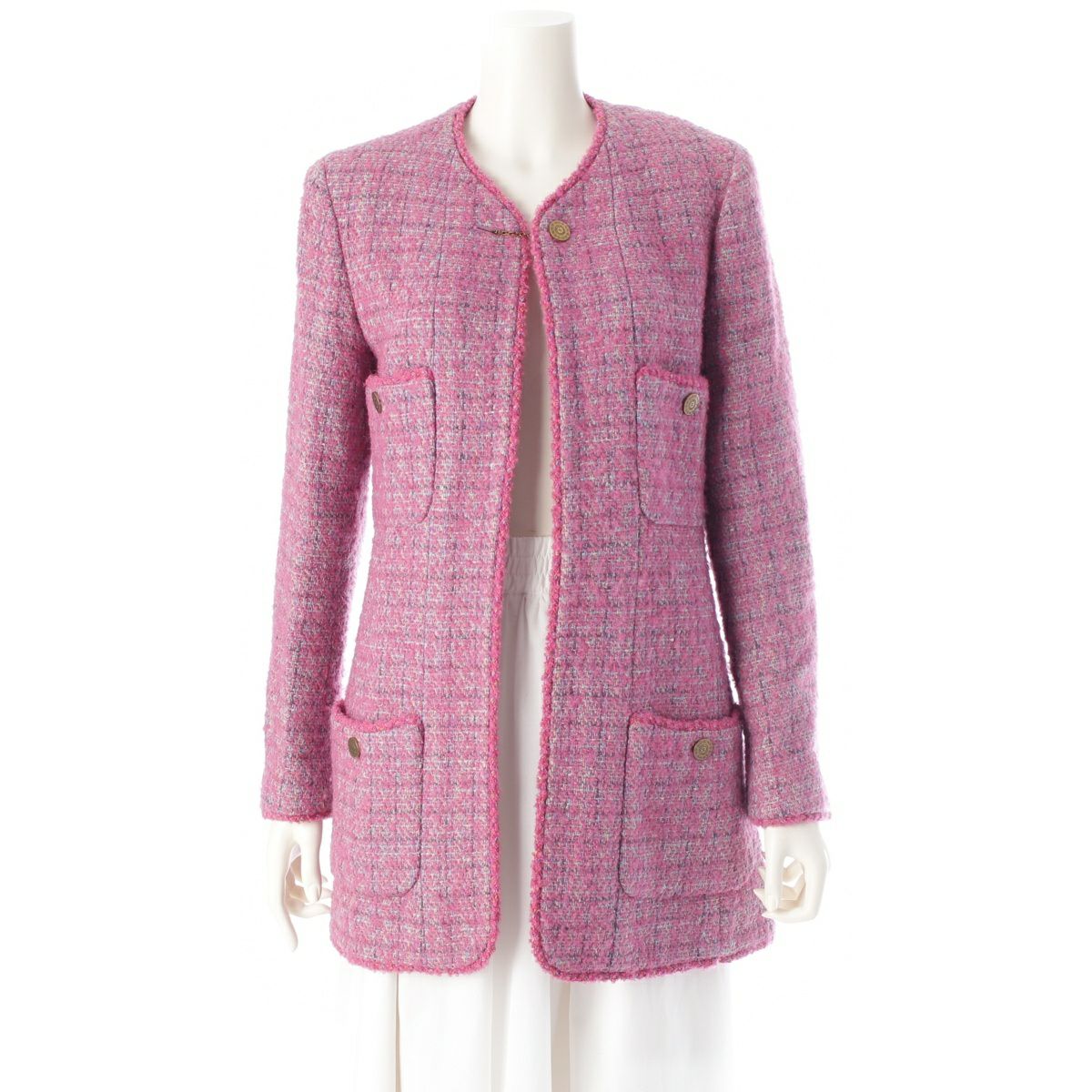 CHANEL - シャネル 97A ウール ツイード 4ポケット ノーカラージャケット コート P09182 ピンク 38【中古】 シャネル 97A ウール ツイード 4ポケット ノーカラージャケット コート