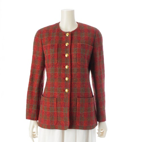 シャネル ツイード 格子柄 ココボタン ノーカラージャケット オレンジ 36