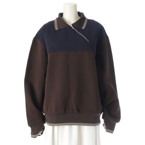 ミュウミュウ 25AW ポロ襟 ジッパー スウェットシャツ プルオーバー トップス MJLA01 ココアブラウン ネイビー M