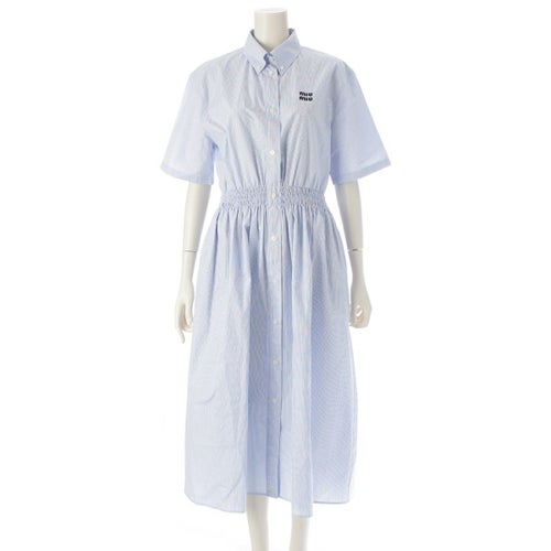 ミュウミュウ 25年 コットン ポプリン ロゴ刺繍 ストライプ シャツ 半袖 ワンピース ドレス MF5905 ホワイト ライトブルー 38