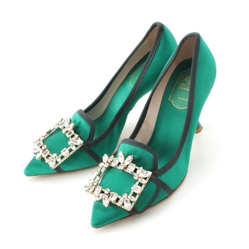 ロジェヴィヴィエ サテン ブロッシュバックル クリスタル ヒール パンプス シューズ グリーン 35 1/2