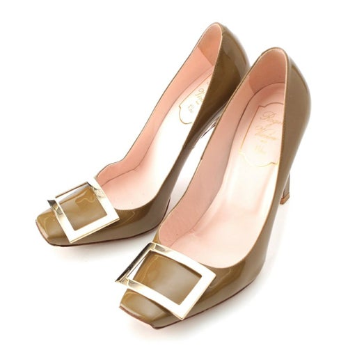 ロジェヴィヴィエ トランペット パテントレザー バックル ヒール パンプス シューズ カーキ オリーブ 36