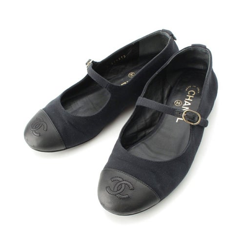 シャネル 25SS レザー キャンバス ココマーク メリージェーン フラット シューズ G46379 ブラック 37