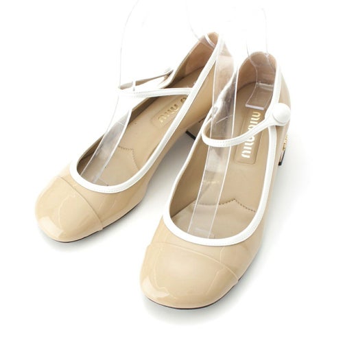 ミュウミュウ 25SS レザー パテント メリージェーン バイカラー パンプス シューズ ベージュ ホワイト 36 1/2