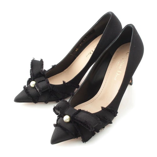 ディオール 24SS ADIORABLE フリンジ グログラン ロゴパール リボン ヒール パンプス シューズ ブラック 36