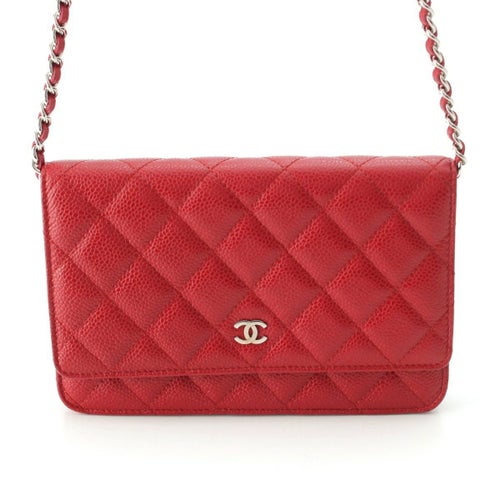 シャネル キャビアスキン マトラッセ チェーン ウォレット 長財布 ポシェット ミニ ショルダーバッグ レッド