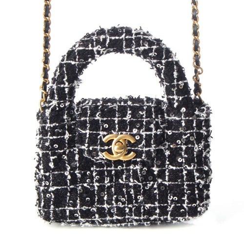 シャネル ツイード スパンコール ミニショッピング ココハンドル ドチェーン ショルダーバッグ AP3435 ブラック ホワイト