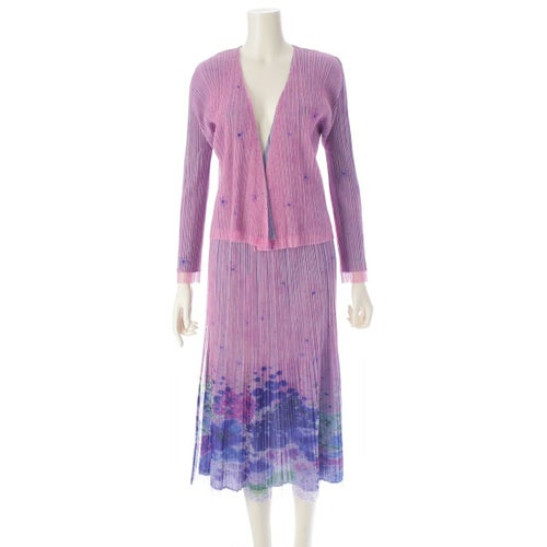 プリーツプリーズ 睡蓮 カーディガン ブラウス スカートセットアップ 花柄 PP51-JO544、PP51-JG545 パープル 3、1