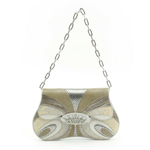 スワロフスキー(Swarovski) レザー クラッチバッグ パーティバッグ シルバー×ベージュ