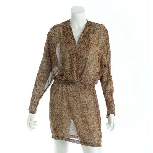 ソロプラス SOLO/PLUS 総柄 シフォン カシュクール 長袖 ワンピース ブラウン 38