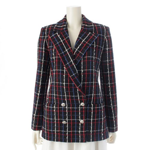 シャネル 24年 ツイード チェック柄 ダブル テーラードジャケット P77209 ブラック 36