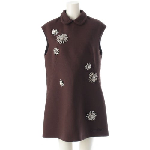 ミュウミュウ 24年 コレクションライン バージンウール ショート ナテドレス メタルフラワー ビジュー ミニドレス ワンピース MF5575 ブラウン 40