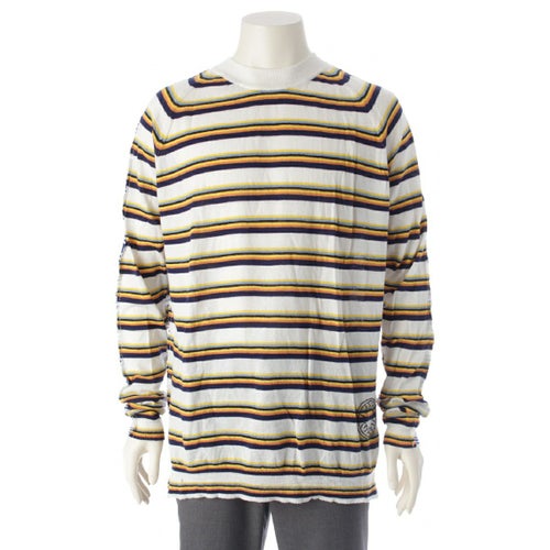 マルニ 22SS コットンリネン ボーダー ニット LS Tシャツ ロゴ刺繍 ロングスリーブ クルーネック GCMC0252Q0 ホワイト 52