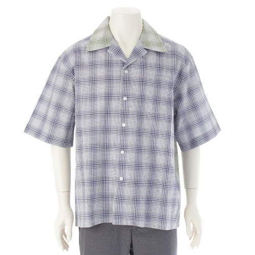 マルニ 23AW コットン クレイジーパターン チェック総柄 半袖シャツ オープンカラー トップス ネイビー×グリーン×ホワイト 48
