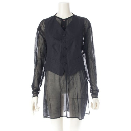 ジャンポールゴルチエ ジャンポールゴルチエ ファム コットン 多重ボタン ベスト レイヤード 変形 ストールドッキング プルオーバー シャツ ブラウス ブラック 40