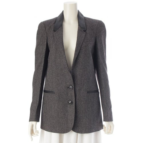 バーバリー レザー 切替 ウール テーラードジャケット グレー×ブラック UK6