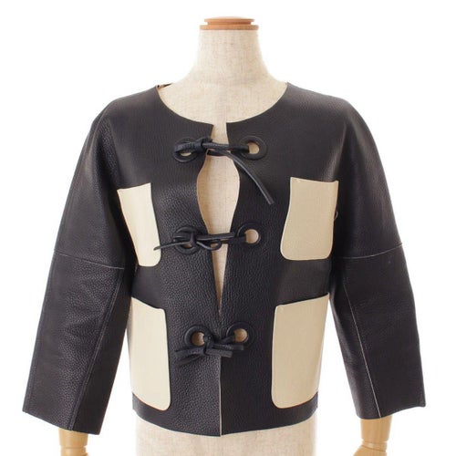 ルイヴィトン レザー ノーカラー ジャケット ネイビー×ホワイト