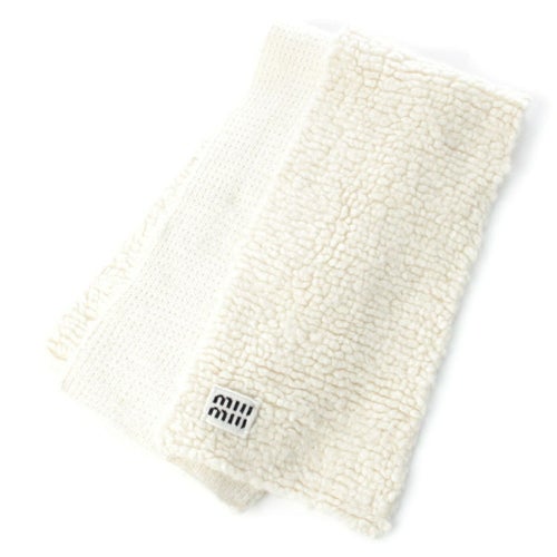 ミュウミュウ 23AW ヴァージンウール アルパカ ロゴ ボアニット マフラー ストール 5FS049 オフホワイト