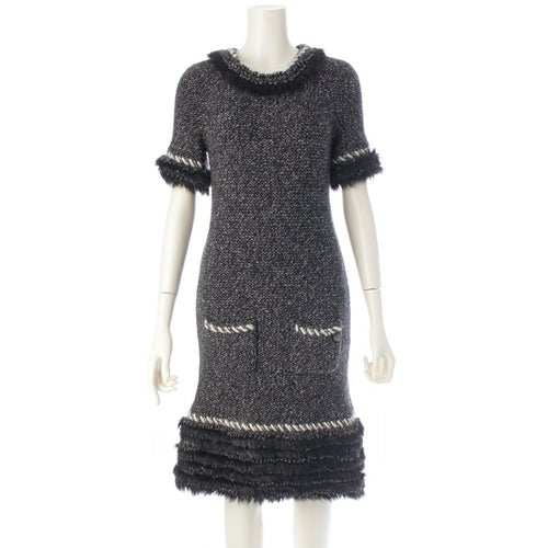 シャネル カシミヤ ウール ココマーク ファー ワンピース P39939 グレー 36