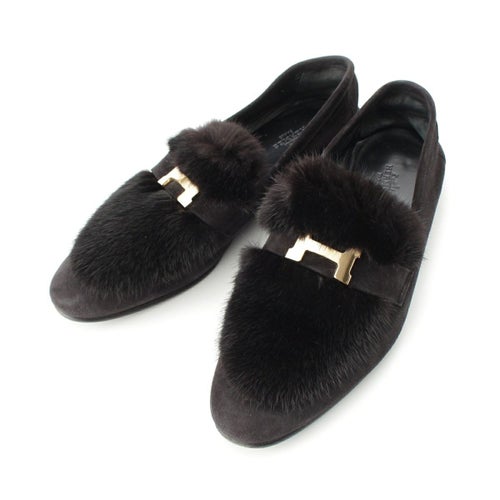 エルメス パリ モカシン スウェードレザー フラットシューズ ミンクファー ノワール ローファー ブラック 39