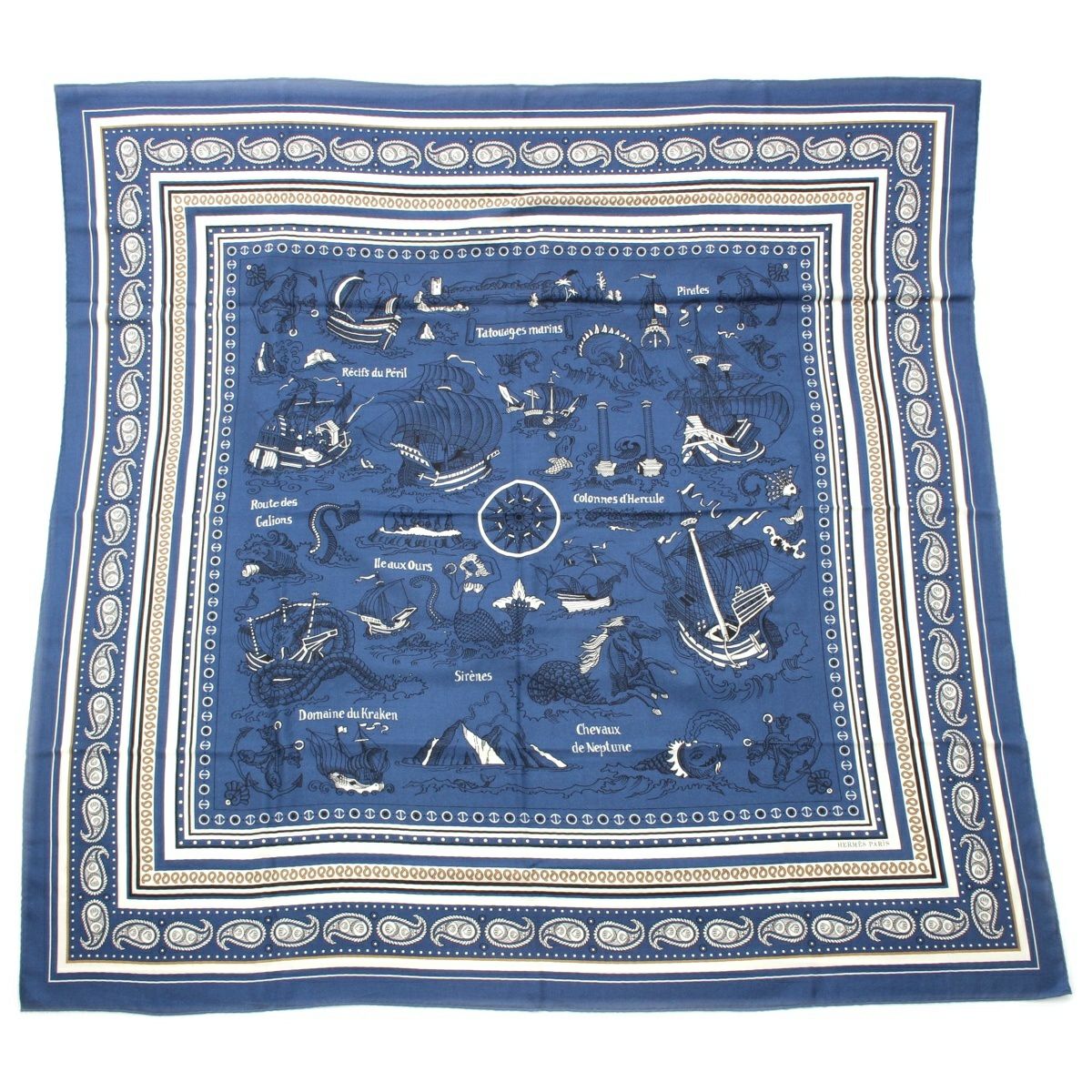 エルメス カレジェアン カシミヤ シルク 140 Tatouages Marins Bandana