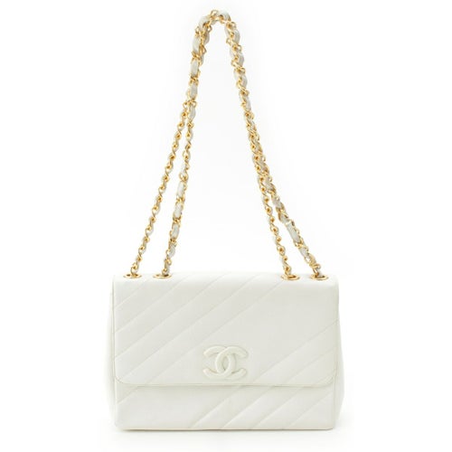 シャネル キャビアスキン バイアスステッチ チェーン ショルダーバッグ ホワイト