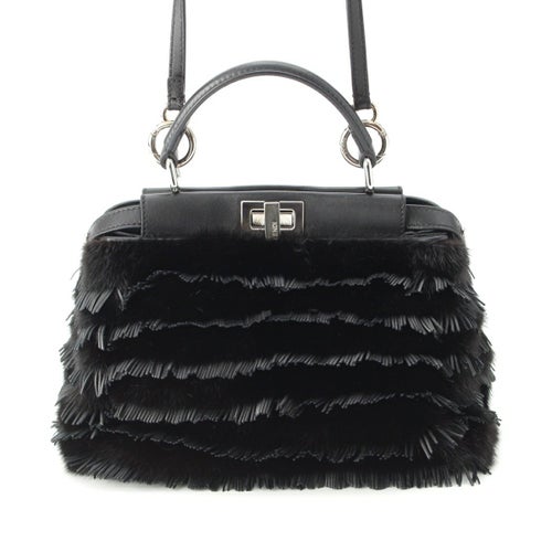 フェンディ ピーカブー ミニ ミンク ファー レザー フリンジ ストラップユー 別売りストラップ付き ハンドバッグ 2way ショルダー 8BN244 ブラック