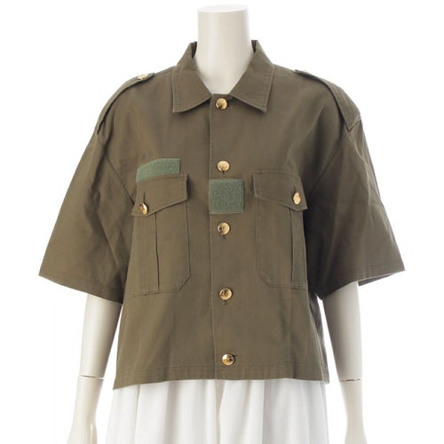 セリーヌ 2022 コットン エディ期 トリオンフボタン 半袖 ミリタリー 半袖シャツ 2C580106K カーキ 34