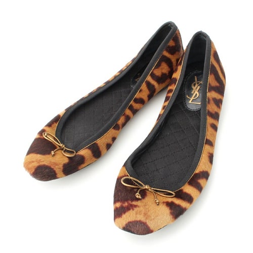 イヴ・サンローラン ハラコ レオパード リボン フラット バレエシューズ パンプス ブラウン 35 1/2