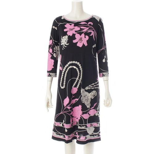 レオナール カンカン フラワー 花柄 総柄 ワンピース ドレス 0360303 ブラック×ピンク系 36