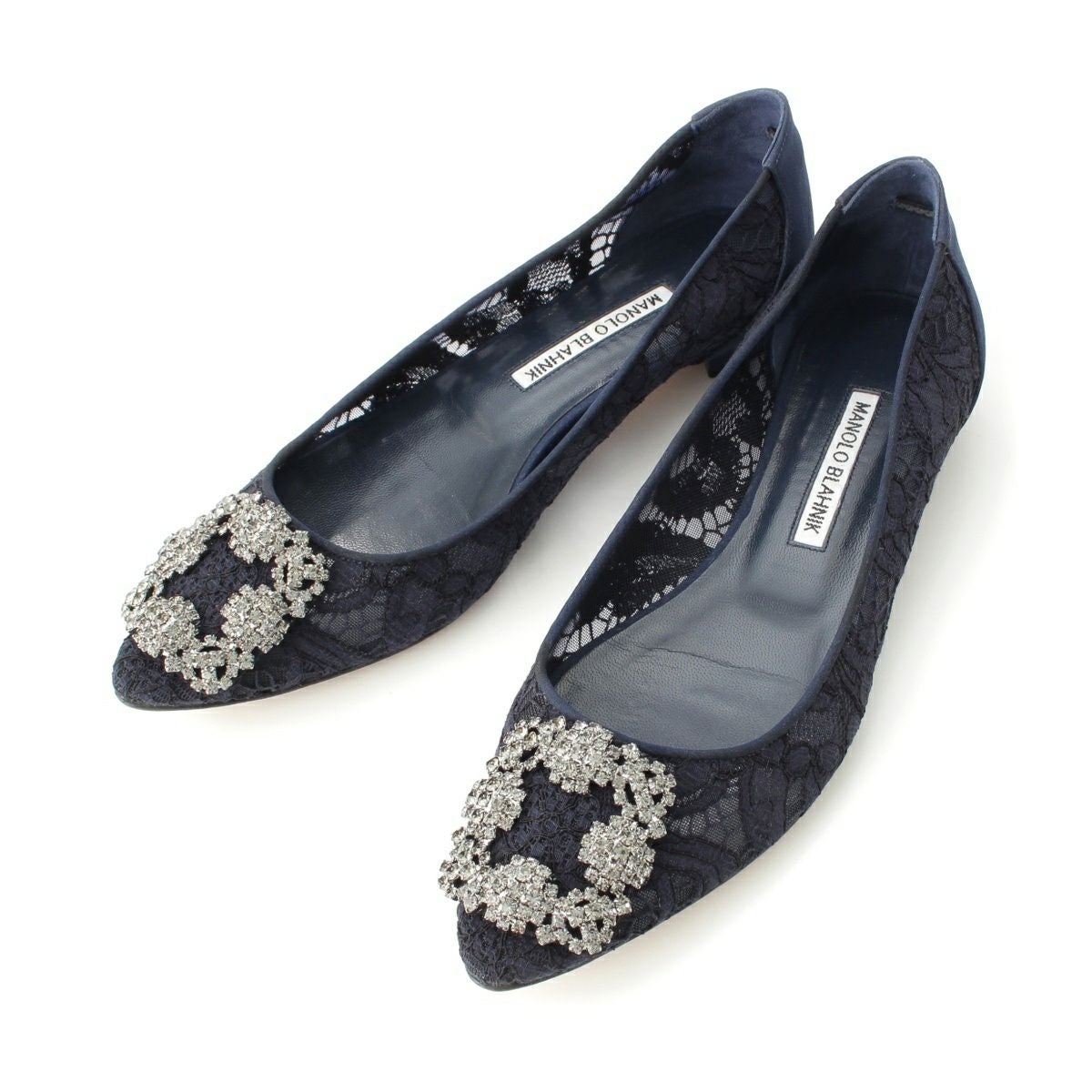 美品 マノロブラニク 36 23 ハンギシ レース ビジュー バックル ベージュ マノロブラニク ハンギシ レース ビジューバックル フラット パンプス