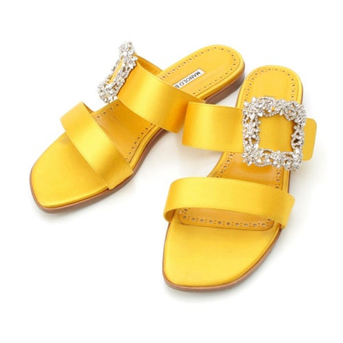 マノロブラニク TITUBAFLAT JEWEL サテン ドゥロワー別注 ビジュー サンダル イエロー 39