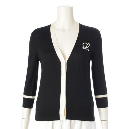 ロエベ ウール アナグラム 刺繍 ニット カーディガン トップス ブラック ホワイト XS