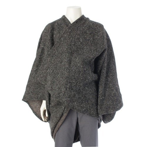 イッセイミヤケ 筆タグ 80s 1983 ウール ドルマンスリーブ シャギー ツイード ポンチョ コート グレー