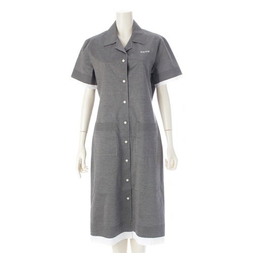 ミュウミュウ 24-25SS リサイクルシルク コットン ポプリン ロゴ 半袖 ニット ポロシャツ ワンピース ドレス MF5553 グレー 42