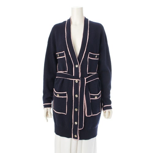 シャネル カシミヤ No.5 ボタン 4ポケット ロング カーディガン P70795 ネイビー ピンク 36