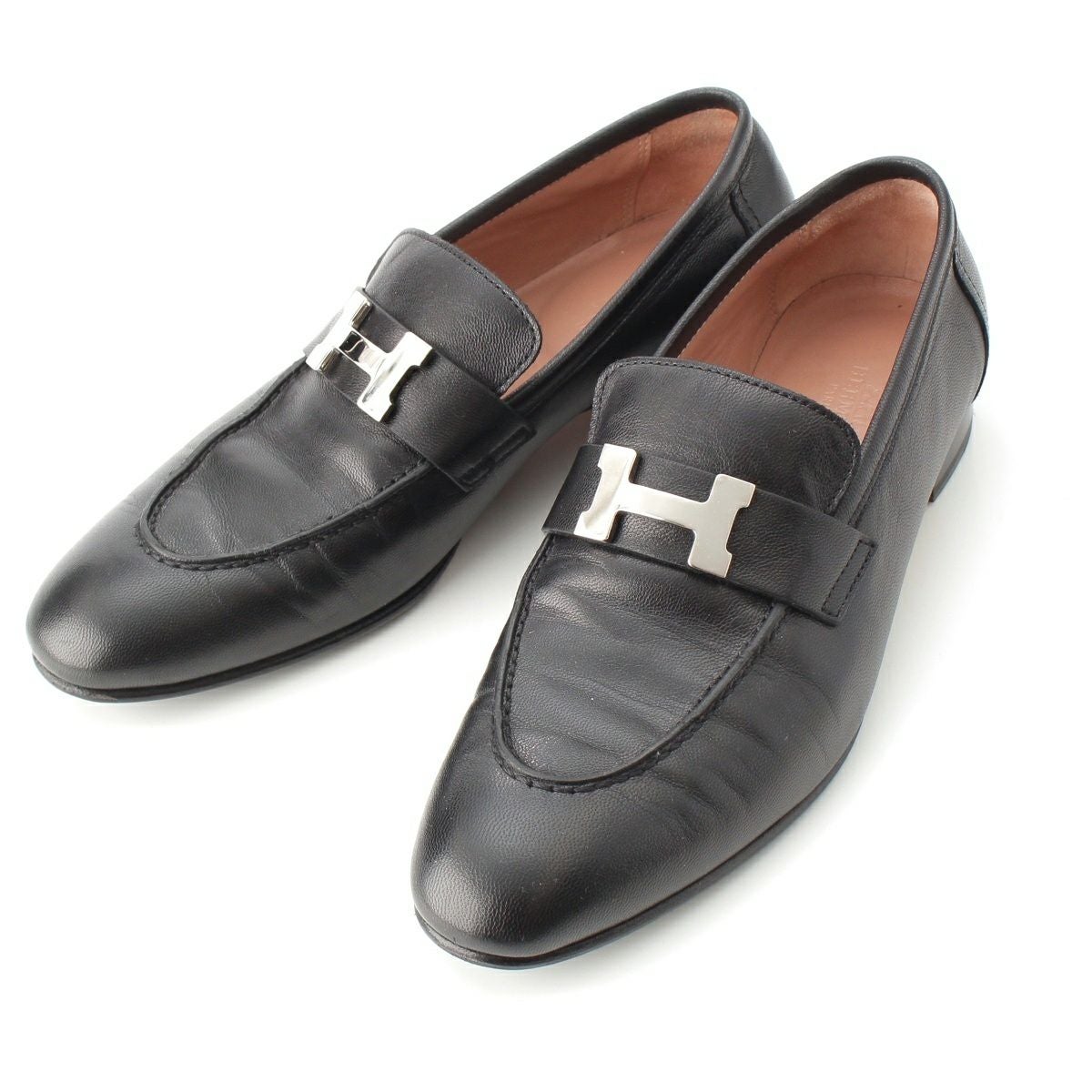【美品】エルメス コンスタンス ローファー モカシン 黒 シルバー金具 35.5 エルメス モカシン レザー コンスタンス Hモチーフバックル シルバー