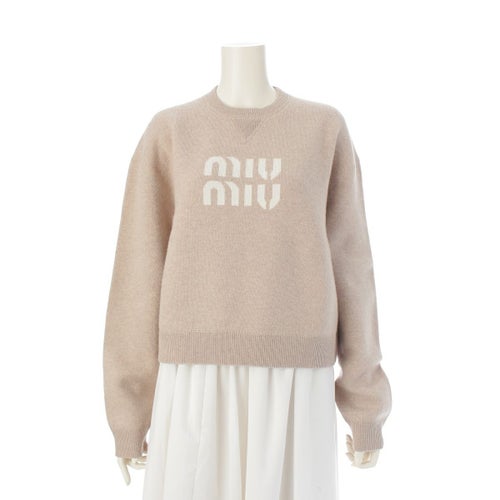 ミュウミュウ 24AW カシミヤ ロゴ ニット セーター フロントV 長袖 MMLA36 サンドベージュ 38