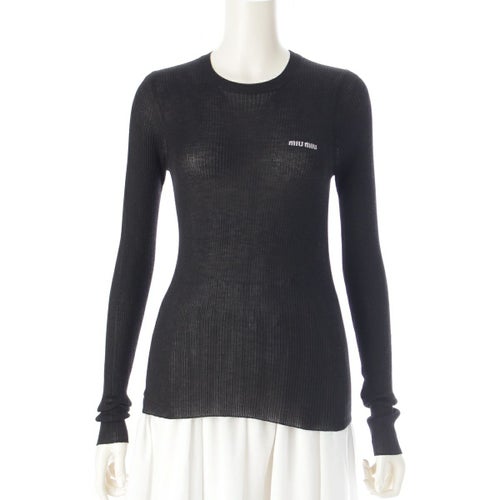 ミュウミュウ 24-25AW カシミヤ シルク 刺繍ロゴ リブ フィット セーター 長袖 トップス MML821 ブラック 40