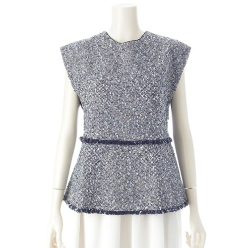 ドゥロワー コットン ナイロン ツイード ノースリーブ サイドジップ オープンネック ブラウス 6521-299-1192 ブルー 36