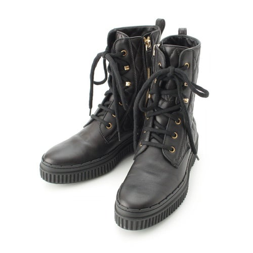 トッズ レザー キルティング サイドジップ レースアップ ショート ブーツ シューズ ブラック 36