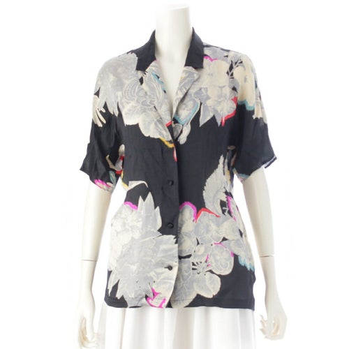 イッセイミヤケ 70s 1979 初期タグ TADANORI YOKOO 横尾忠則グラフィック シルク 花 総柄 半袖シャツ 平面パターン ブラック マルチカラー 9