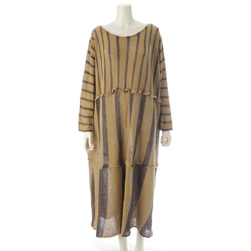 イッセイミヤケ 70-80s オールスタイル 変形 平面 Aライン マキシニット ワンピース イエロー グレー